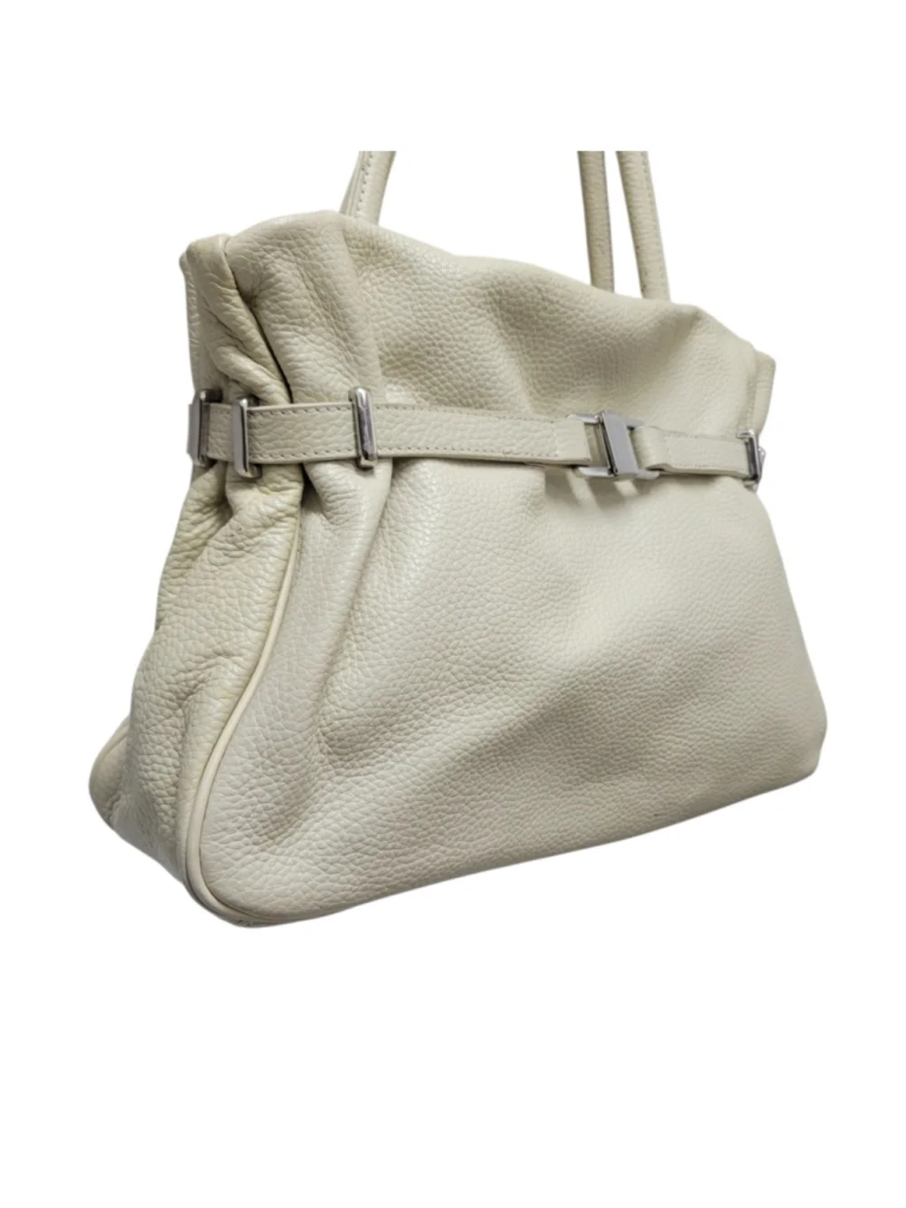 Phynes Paris Women's Beige Leather Double-Handle Leather Satchel Bag Purse